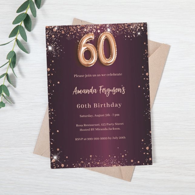60-årsdagars burgundi ro guld inbjudningar (Skapare uppladdad)