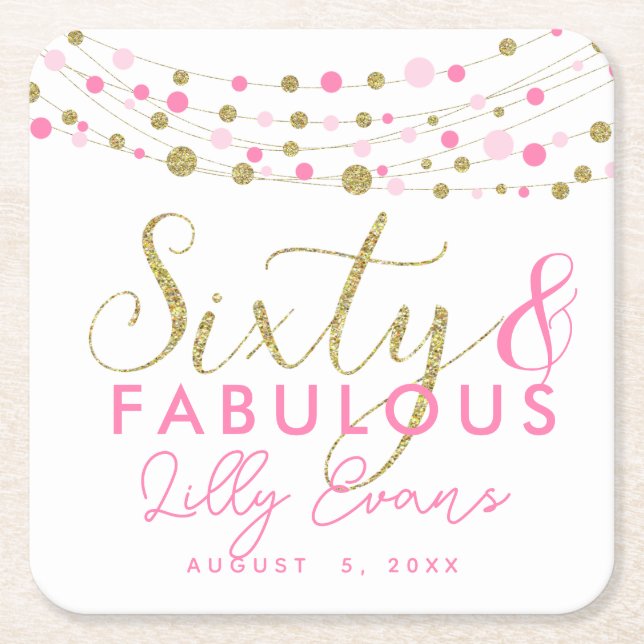 60-årsdagen anpassade guld och rosa underläggs underlägg papper kvadrat (Framsidan)