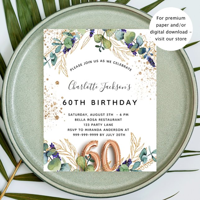 60-årsdagen av eleganten Eucalyptus greenery glitt Inbjudan Vykort (Skapare uppladdad)