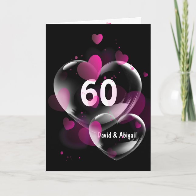 60-årsdagen av Rosa Heart Bubbles på Black Kort (Framsida)