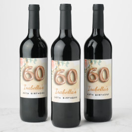 60-årsdagen blommigt ro guld eucalyptus monogram vinflaska etikett
