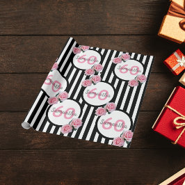 60-årsdagen chic rosa ros svartvit rand presentpapper
