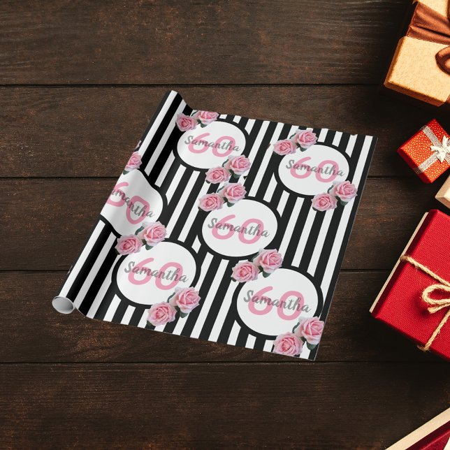 60-årsdagen chic rosa ros svartvit rand presentpapper (Skapare uppladdad)