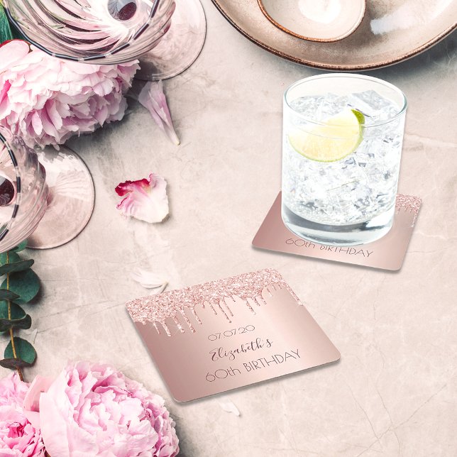 60-årsdagen  droppar i namn i ro guld glitter underlägg papper kvadrat (Skapare uppladdad)
