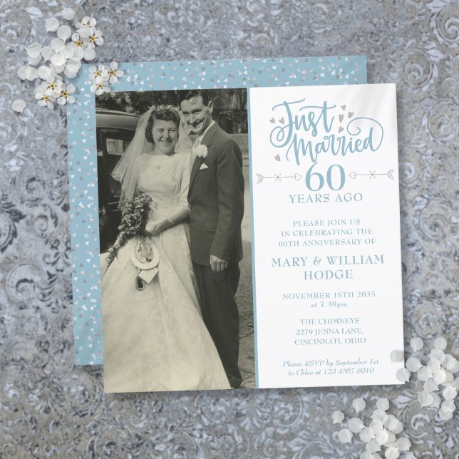 60-årsdagen för fotopatset Ny gifta Bröllop Inbjudningar (60th Anniversary Just Married Wedding Photo Square Invitation)