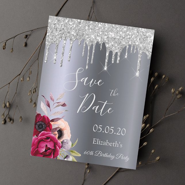 60-årsdagen för silver glitter-drops Spara datum Vykort (Skapare uppladdad)