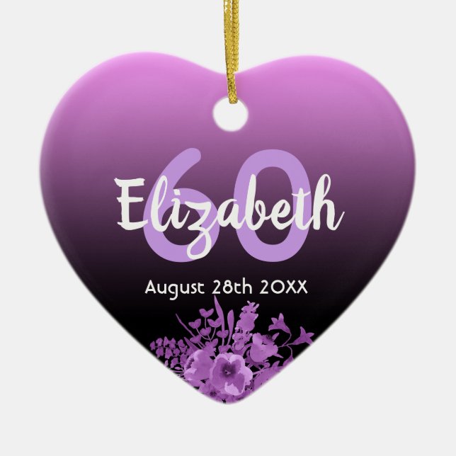 60-årsdagen lila svart blommigt namn julgransprydnad keramik (Framsidan)