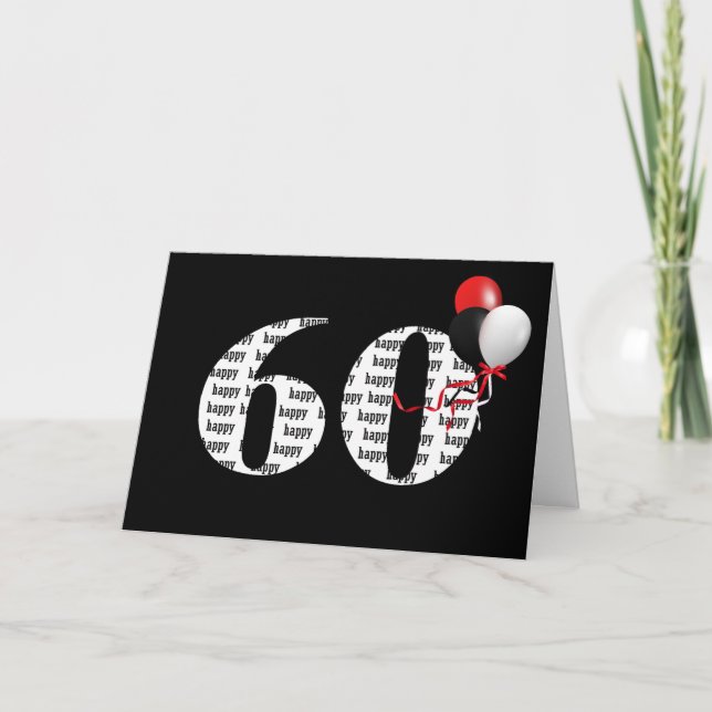 60-årsdagen lycklig på svart med ballonger kort (Framsida)