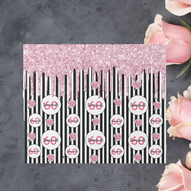 60-årsdagen rosa glitter svartvit rand presentpapper (Skapare uppladdad)