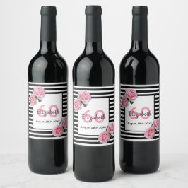 60-årsdagen rosa ros svartvit rand vinflaska etikett