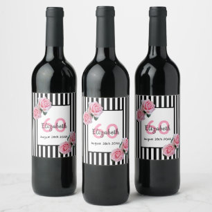 60-årsdagen rosa ros svartvit rand vinflaska etikett