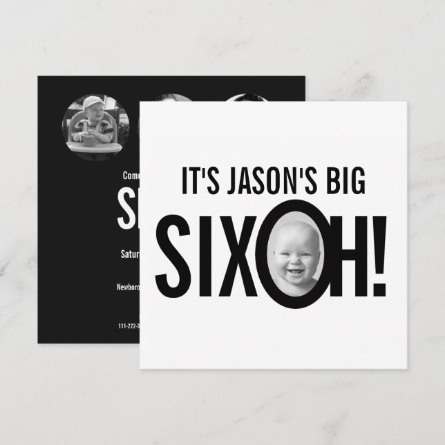 60-årsdagen SIX OH! fotomono svartvit Inbjudningar (Fram/baksida)