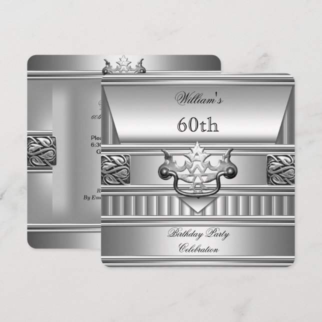 60-årsfest Elegant herr silver metall 2 Inbjudningar (Fram/baksida)