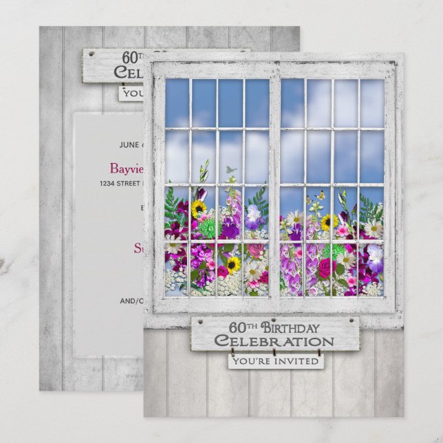 60-årsfest INVITATION, Rustik fönster Inbjudningar (Fram/baksida)