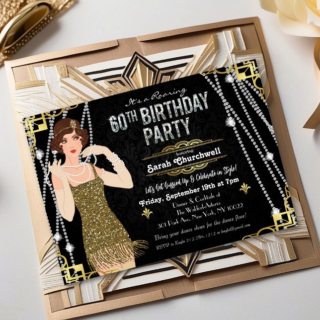 60-årsfirande 1920-tal Gatsby Flapper-flicka Födel Inbjudningar (Skapare uppladdad)