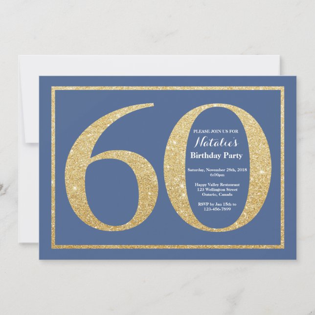 60-årsfirande Blå och Guld Glitter Inbjudningar (Framsida)