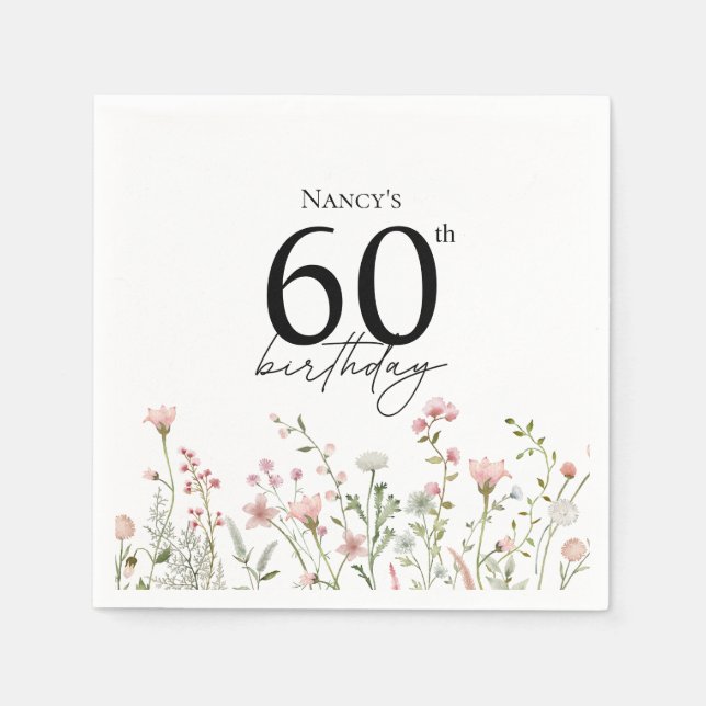 60-årsfirande Blommig Elegant Skrift Födelsedagsfe Pappersservett (Framsidan)