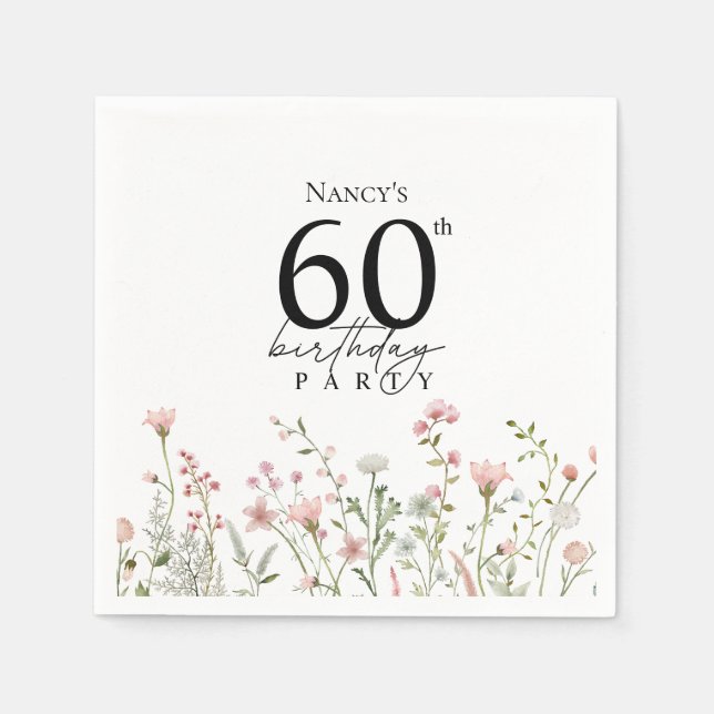 60-årsfirande Blommig Elegant Skrift  Pappersservett (Framsidan)