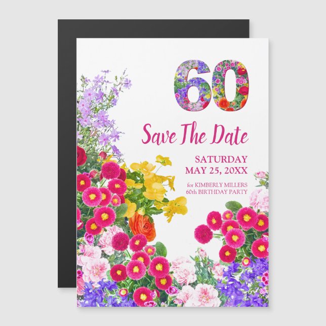60-årsfirande Blommig Modern 60 år Spara Datumet Magnetisk Inbjudningskort (Fram/baksida)