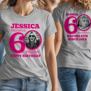 60-årsfirande dubbelsidig foto namn rosa text t shirt