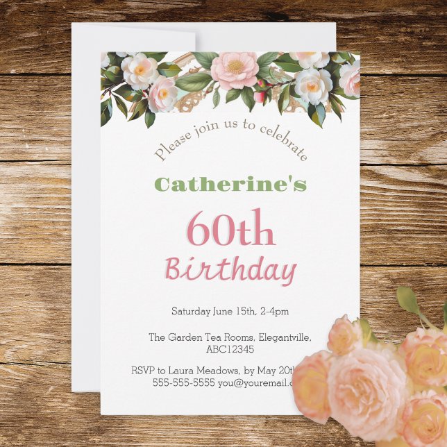 60-årsfirande Eftermiddagste Floral Snygg Inbjudningar (A stylish invitation for a 60th birthday party, with pink roses design)