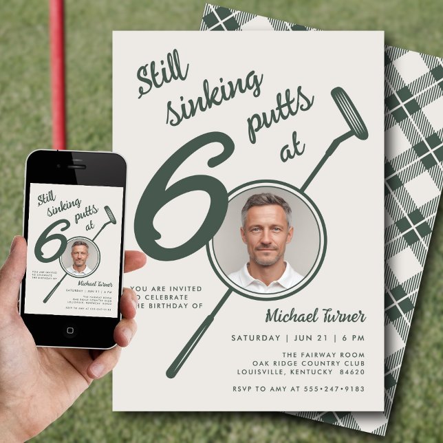 60-årsfirande fotomodern golfputtergrön inbjudningar (Skapare uppladdad)