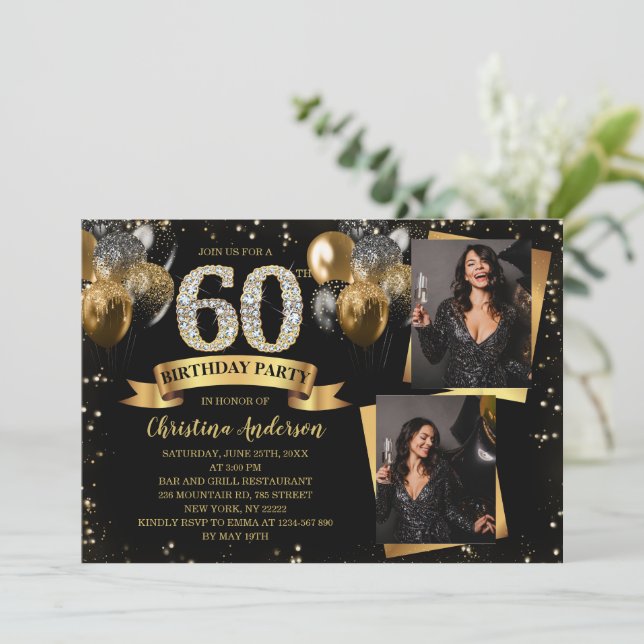 60-årsfirande Moderna Guld Glitter Ballonger 2 Fot Inbjudningar (Stående Fram)