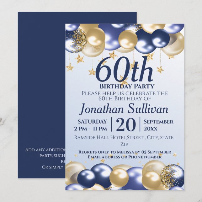 60-årsfirande Navy Guld Ballonger Party Inbjudningar (Fram/baksida)