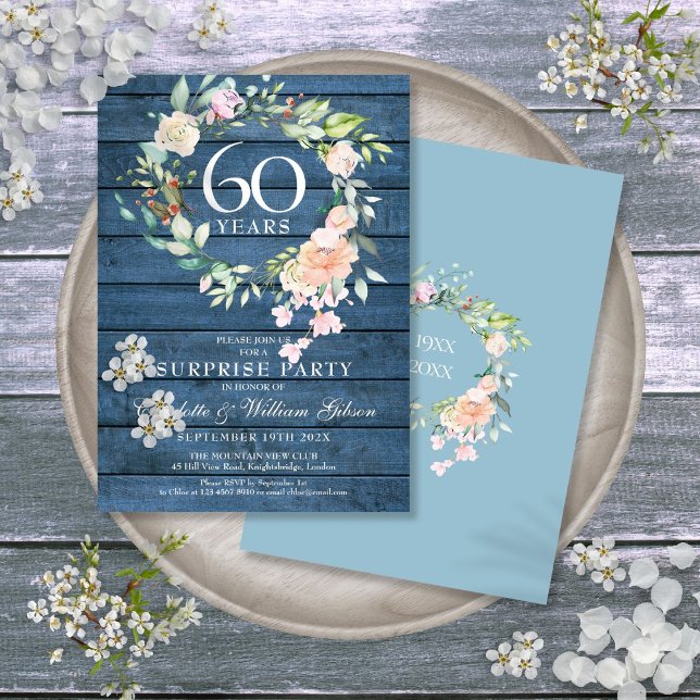 60-årsfirande Överraskningsfest Blå Rustik Inbjudningar (60th Anniversary Surprise Party Floral Blue Rustic Invitation)