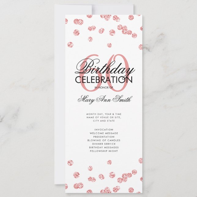 60-årsfirande Program Rosa Guld Glitter med meny (Framsida)