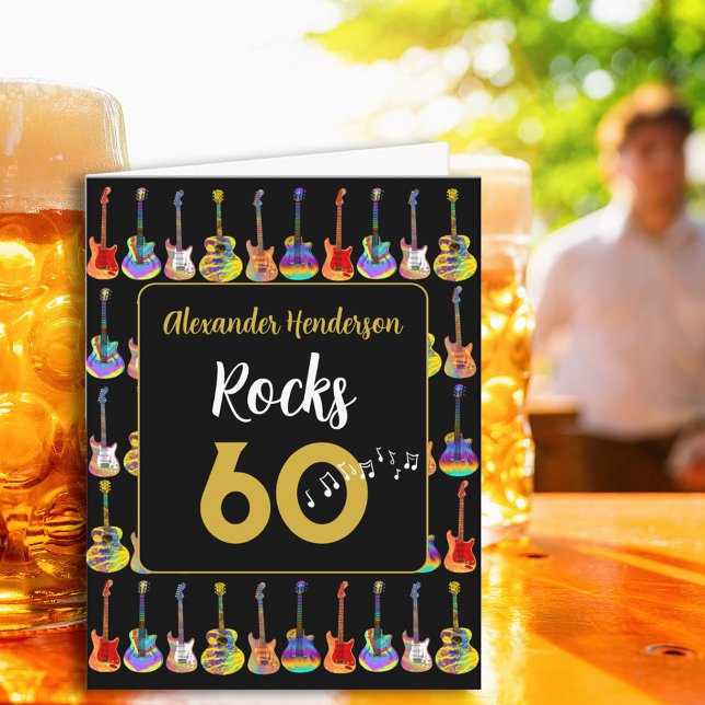 60-årsfirande Rock and Roll Gitarr lägg till Namn Kort (Cool 60th birthday rock and roll guitar black and gold personalized greeting card)