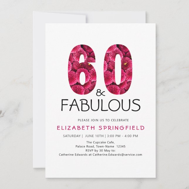 60-årsfirande Rosa Blommig Sextio och Fantastisk Inbjudningar (Framsida)