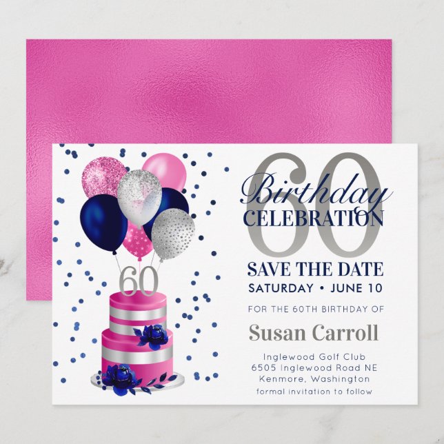 60-årsfirande Rosa Tårta Save The Date-inbjudan Inbjudningar (Fram/baksida)