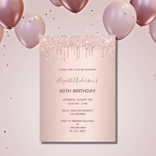60-årsfirande rose gold glitter dropp inbjudningar