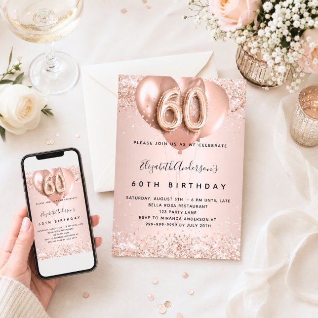 60-årsfirande roséguld ballonger inbjudningar (Skapare uppladdad)