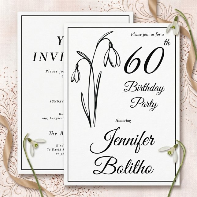 60-årsfirande Snödroppe Blomstergul Svart Och Vit Inbjudningar (60th Birthday Snowdrop Invitation.)