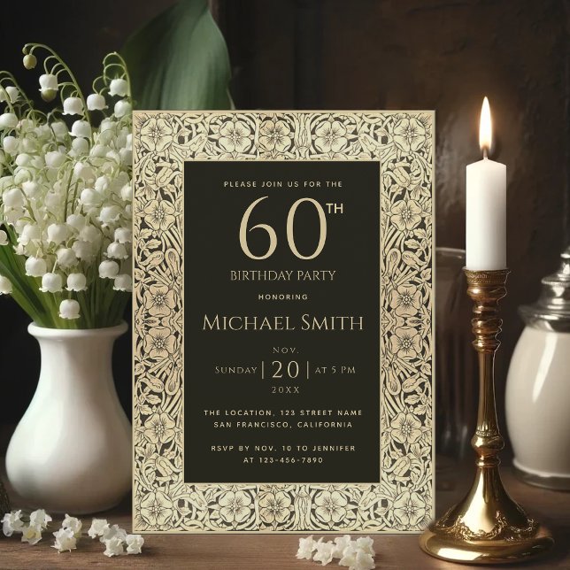 60-årsfirande Svarta Guld Blommor Elegant Vintage Inbjudningar (Skapare uppladdad)