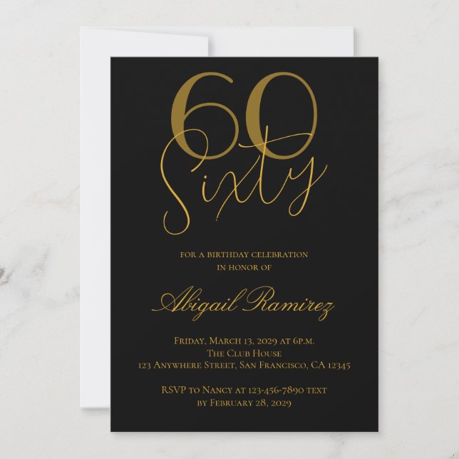 60-årsfirande typografi foto svart & guld inbjudningar (Framsida)