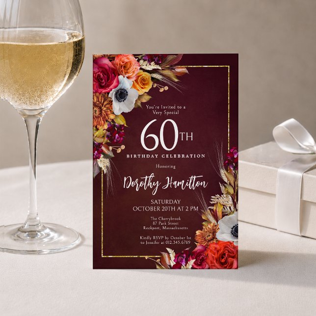 60-årsfirande vinröda höstblommor elegant skrivsti inbjudningar (Skapare uppladdad)
