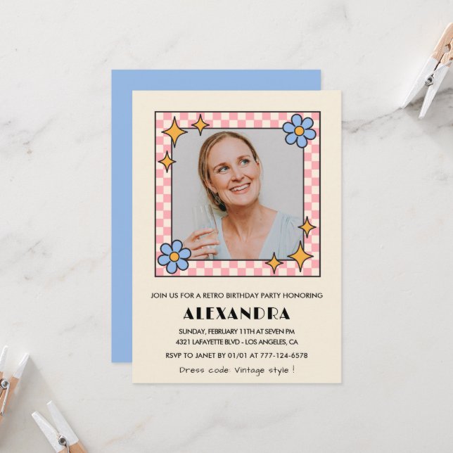 60-årsinbjudan Retro Groovy Blue Blommigt Inbjudningar (Fram/Back In Situ)