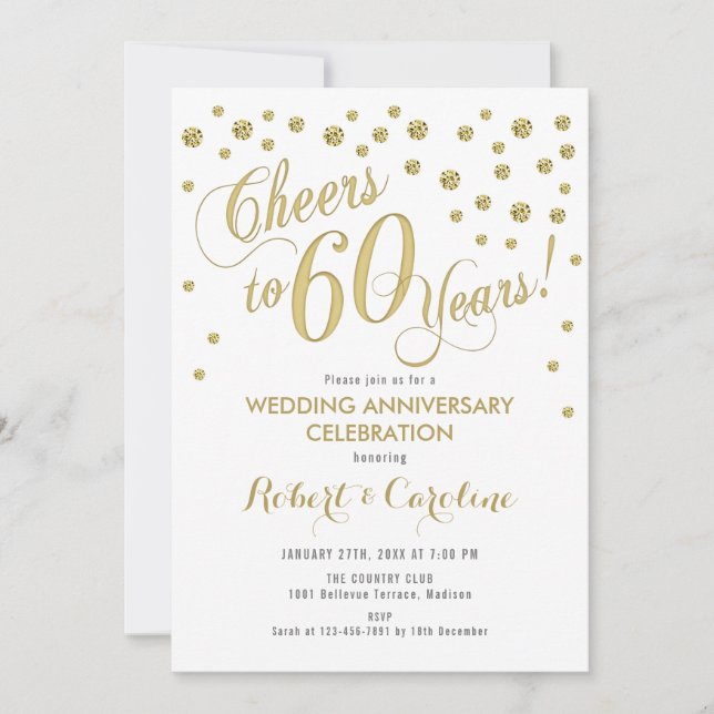 60-årsjubiléet Bröllop - Guld & White Inbjudningar (Framsida)