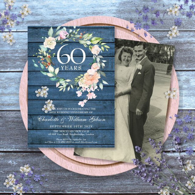 60-årsjubileum 75-årsjubileum Bröllopsfoto Floral  Inbjudningar (60th 75th Anniversary Wedding Photo Floral Rustic Invitation)