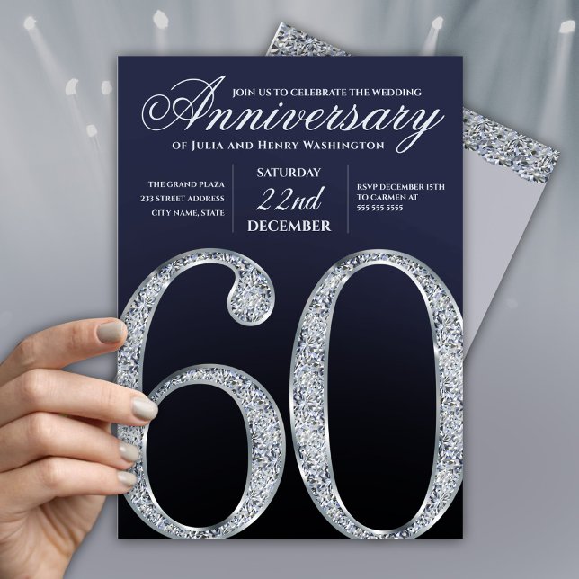 60-årsjubileum Diamant Silver Marinblå Modern Inbjudningar (Skapare uppladdad)