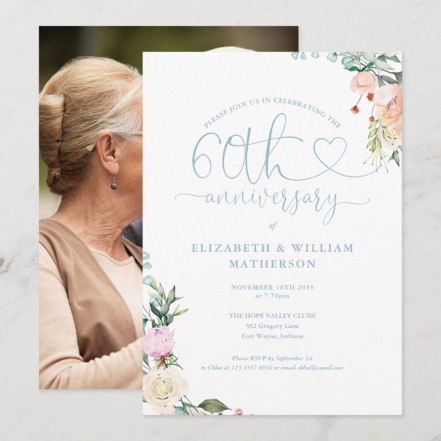 60-årsjubileum Hjärtformad text med blommotiv Foto Inbjudningar (Fram/baksida)