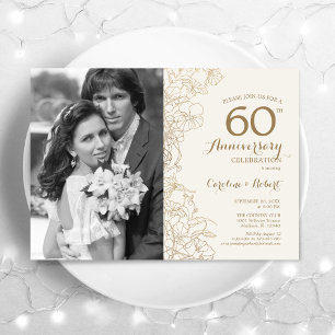 60-årsjubileum med foto - Elfenbensguld blommig Inbjudningar