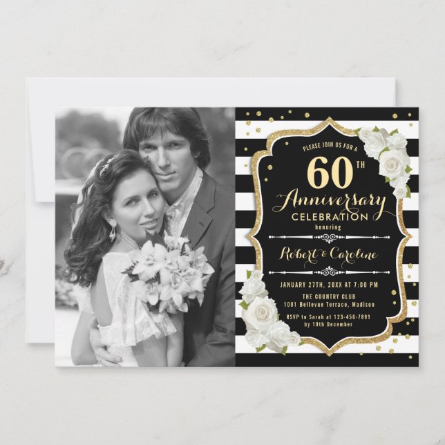 60-årsjubileum med Photo - Guld Black Inbjudningar (Framsida)