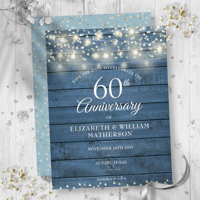60-årsjubileum Trädgårdsbelysning Spara Datum Meddelande Vykort (60th Anniversary Wood String Lights Save the Date Announcement Postcard)