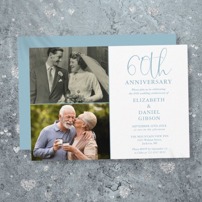 60 Bröllop-årsdagen då och nu 2 foto Inbjudningar (60th Wedding Anniversary Then And Now 2 Photo Invitation)