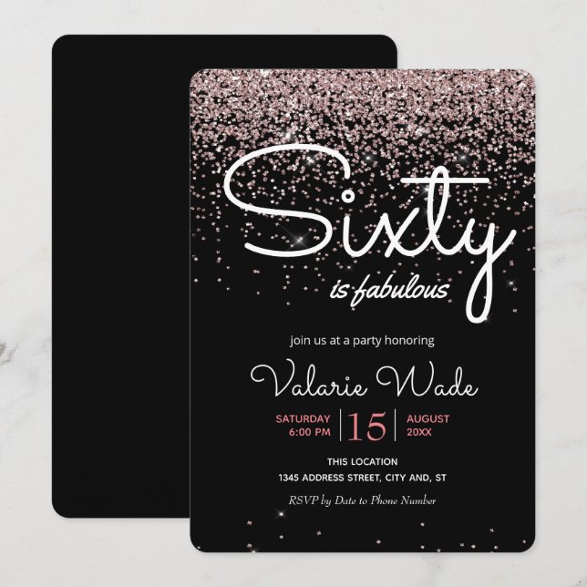 60:e är slumpartad Födelsedagsfest Rosa Glitter Inbjudningar (Fram/baksida)