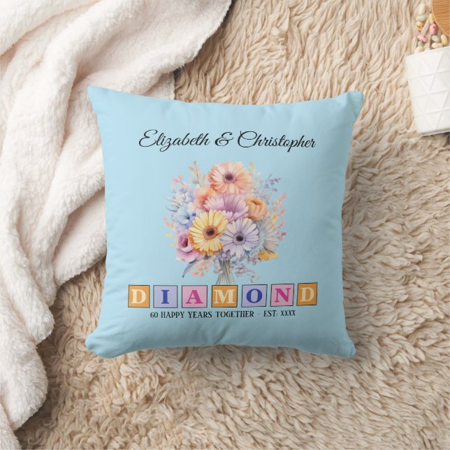 60:e årsdagen för diamanter blommigt blått kudde (Filt)